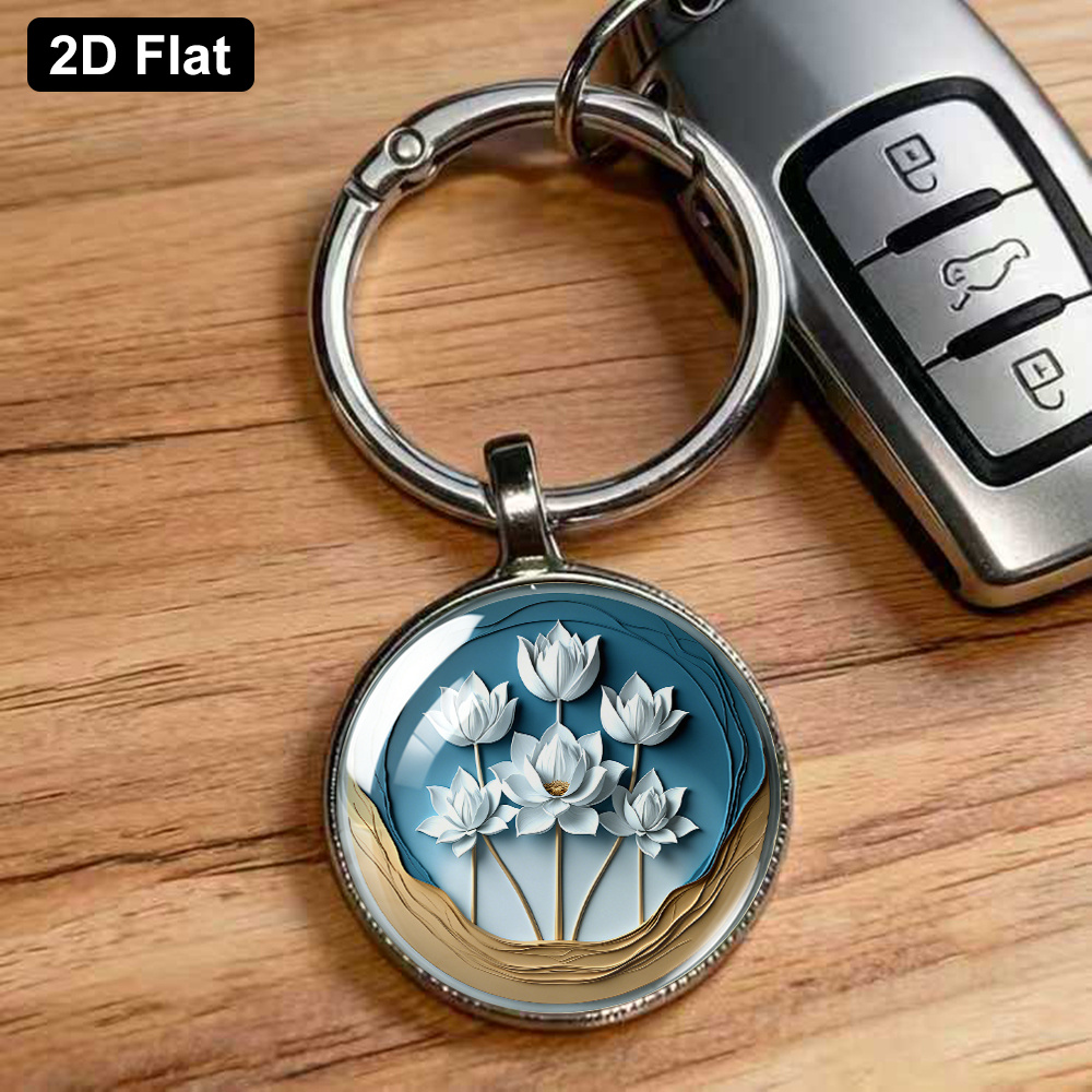 Chinese Style Keychain with Five White Lotuses Theme